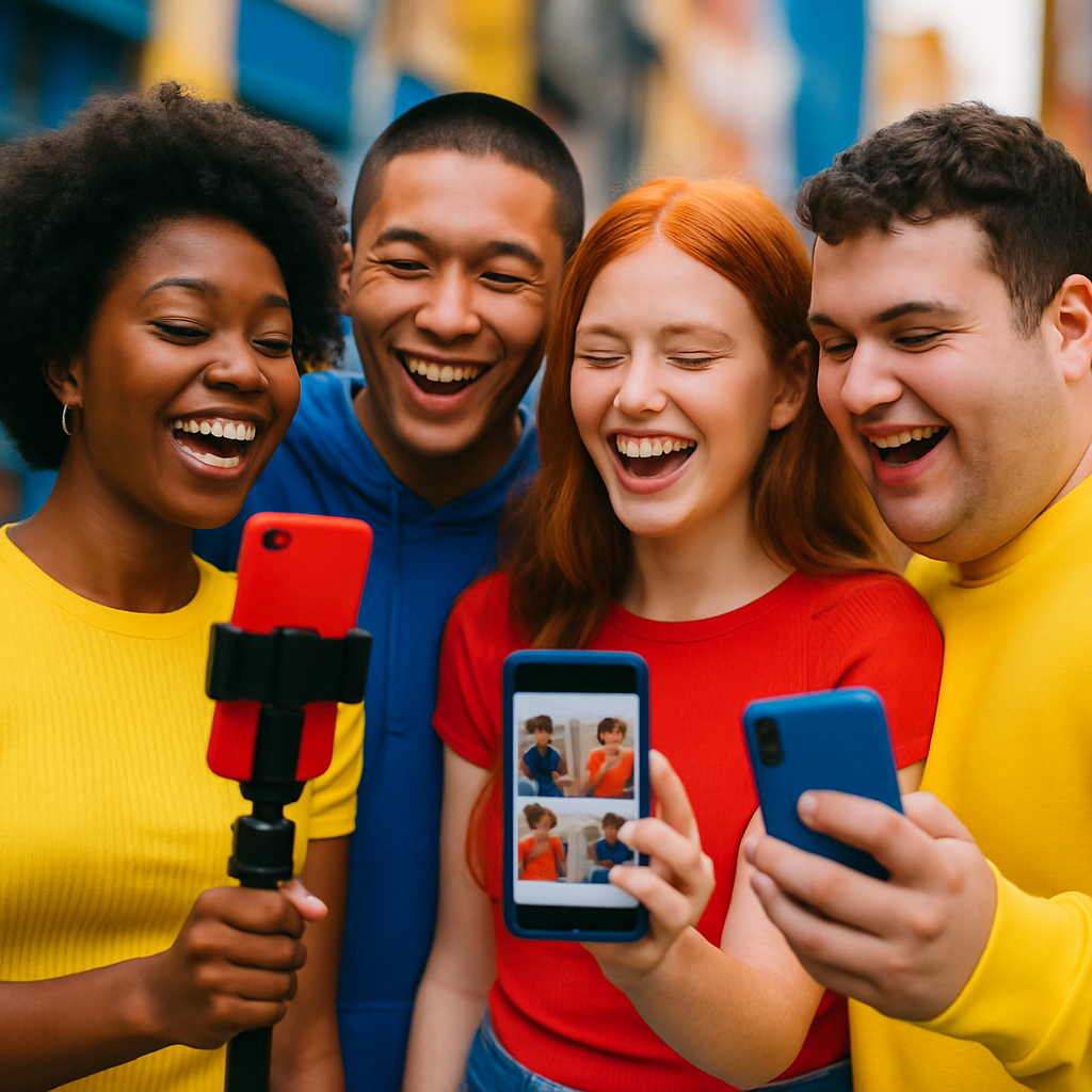 Een diverse groep jonge mensen lacht en gebruikt smartphones. Een filmt een 'get ready with me' video, een ander kijkt naar diverse lichaamstypes op Instagram. De achtergrond is een wazige, kleurrijke stadsstraat.