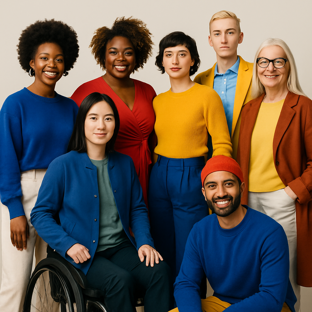Een groep mensen van verschillende leeftijden, genders en culturele achtergronden staat of zit samen, gekleed in moderne, kleurrijke kleding. Een van hen draagt subtiel adaptieve kleding, en de groep straalt zelfvertrouwen en individualiteit uit.