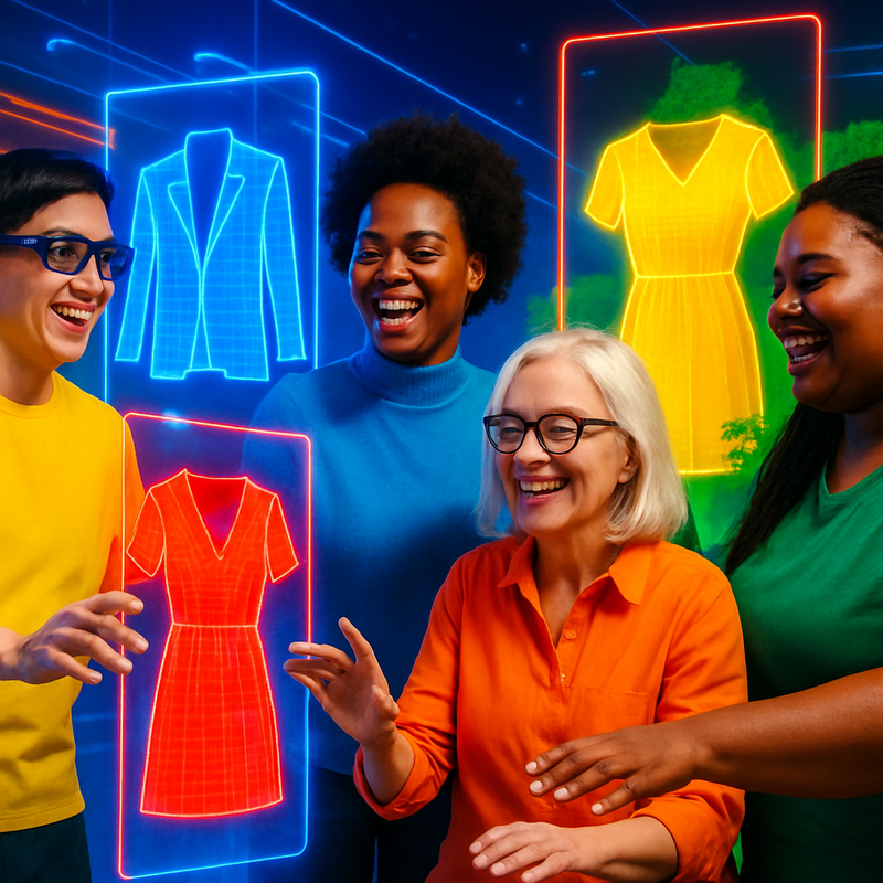 Een diverse groep mensen die via virtuele realiteit een futuristische modeshow bijwonen, waarbij hologrammen van duurzame kleding worden getoond, symboliseert inclusiviteit en milieuvriendelijkheid in mode.