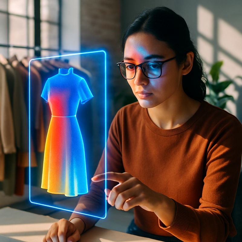 Een jonge ontwerper met bril, etnisch divers, werkt geconcentreerd aan een holografisch 3D-kledingontwerp dat blauwe en rode tinten op haar gezicht werpt. Op de achtergrond staan subtiel kledingrekken met duurzame kledingstukken en een plant.