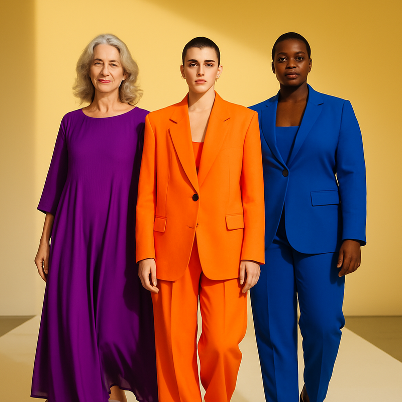 Drie diverse modellen – een oudere vrouw, een jong non-binair persoon en een Afrikaanse man – staan zelfverzekerd op een minimalistische catwalk, gekleed in felgekleurde mode.