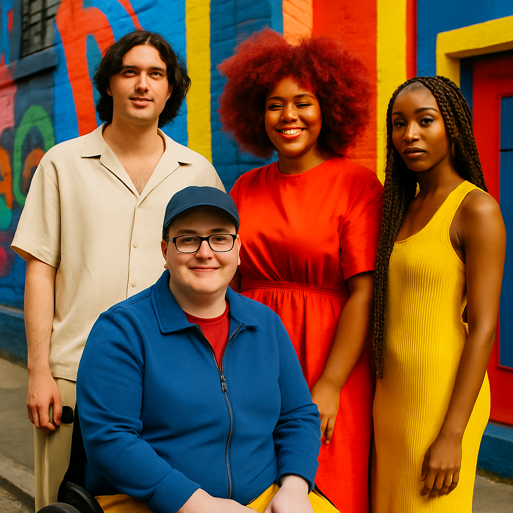 Een dynamische street style foto met een diverse groep mensen. Een persoon draagt modieuze adaptieve kleding, een ander een vloeiende, genderneutrale outfit. Modellen met verschillende huidtinten en opvallende natuurlijke kapsels vieren hun individualiteit in een kleurrijke stedelijke omgeving.