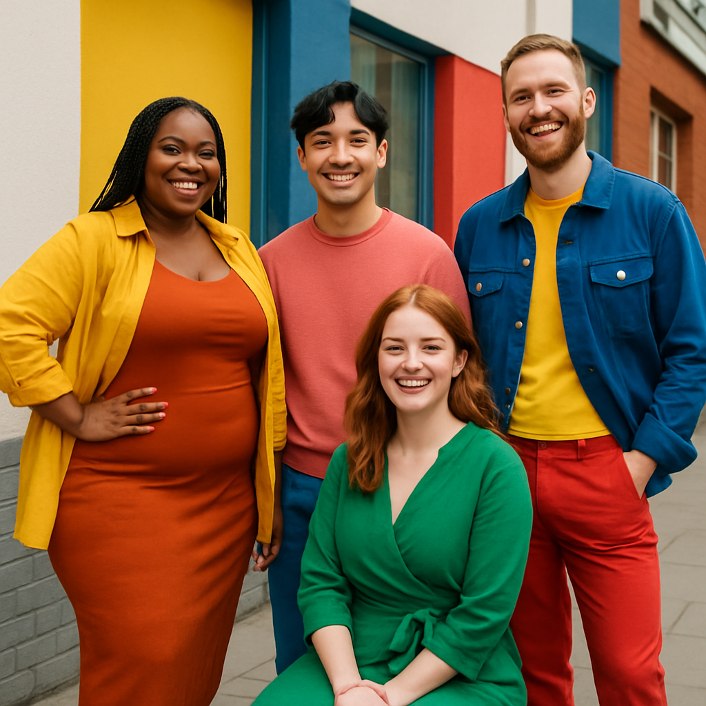 Een groep lachende, diverse mannen en vrouwen van verschillende leeftijden en etniciteiten die poseren in kleurrijke, goed passende kleding. Ze stralen zelfvertrouwen en acceptatie uit in een heldere, moderne setting.