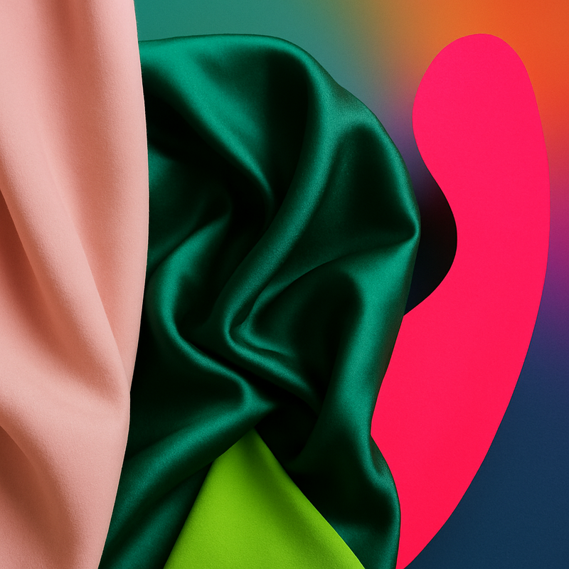 Een fotografische compositie die pastelroze, neonroze, smaragdgroen en limoengroen toont, geordend om de verschillende effecten van tint, verzadiging en helderheid van kleuren te illustreren.