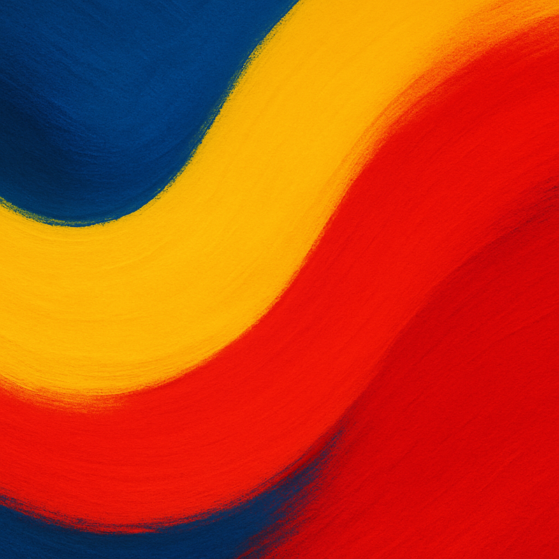 Een abstracte, levendige compositie van overlappende rode, blauwe en gele kleurvlakken met een hoog contrast, die emotie en energie uitstralen.