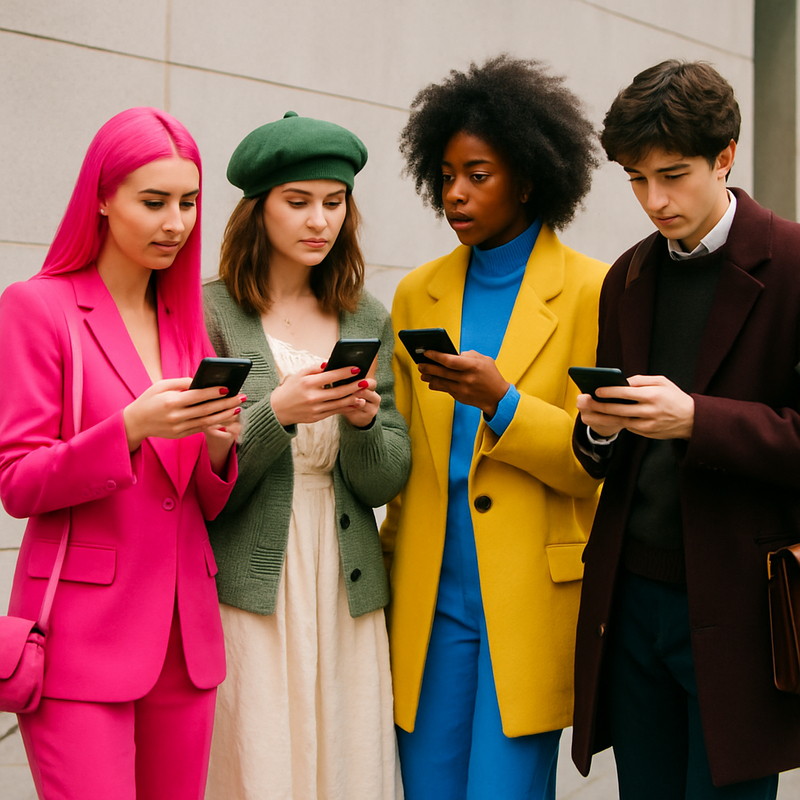 Jonge, modieuze individuen in levendige outfits die verschillende kleurtrends vertegenwoordigen, zoals felroze voor Barbiecore en aardetinten voor Cottagecore, terwijl ze social media op hun telefoons bekijken in een stedelijke omgeving.