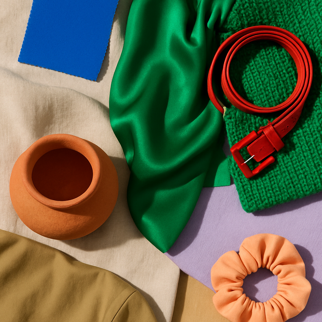 Een artistieke compositie van verschillende stoffen en accessoires in de trending kleuren van het seizoen. De dominante kleuren zijn levendig kobaltblauw, smaragdgroen, felrood, gecombineerd met warme zandtinten, terracotta en zachte khaki. Daarnaast zijn er subtiele accenten van lavendel en perzik. De texturen variëren van glanzend satijn en grof breisel tot mat katoen. De opstelling is minimalistisch met een focus op de kleuren en texturen.