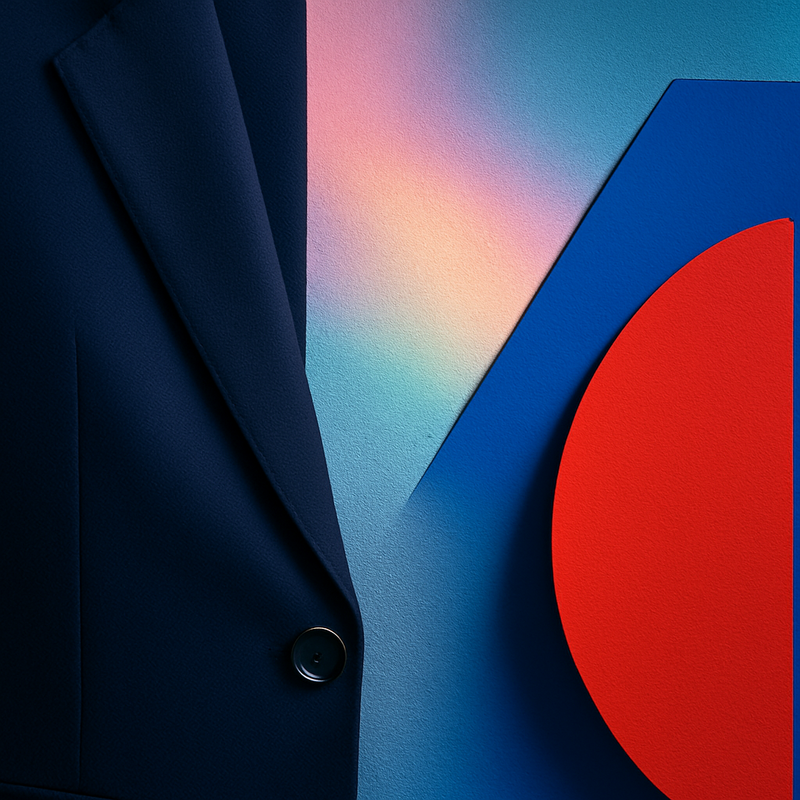 Een kleurrijke foto met drie delen: een donkerblauwe mouw van een kostuum, zacht pastelkleurig licht op een muur en een abstract rood-blauw merkelement, die de invloed van kleur op mode, interieur en branding illustreren.