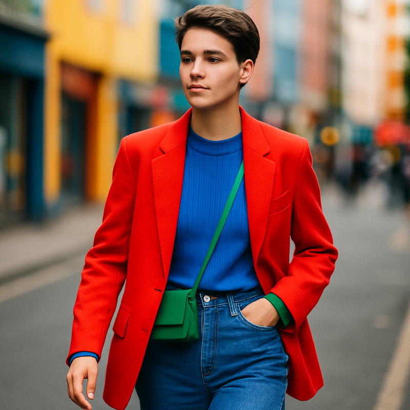 Een jonge persoon in een levendige colour-blocked outfit met rode, blauwe en gele kledingstukken, die verschillende texturen combineert zoals leer en gebreide stof, lopend in een stedelijke omgeving en straalt zelfvertrouwen uit.