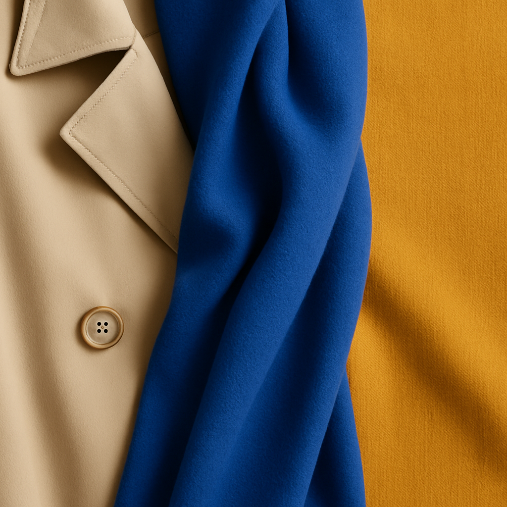 Een artistieke compositie van een kobaltblauwe sjaal, een beige trenchcoat en een stuk mosterdgele stof, die diverse stylingmogelijkheden en kleurcombinaties illustreren.