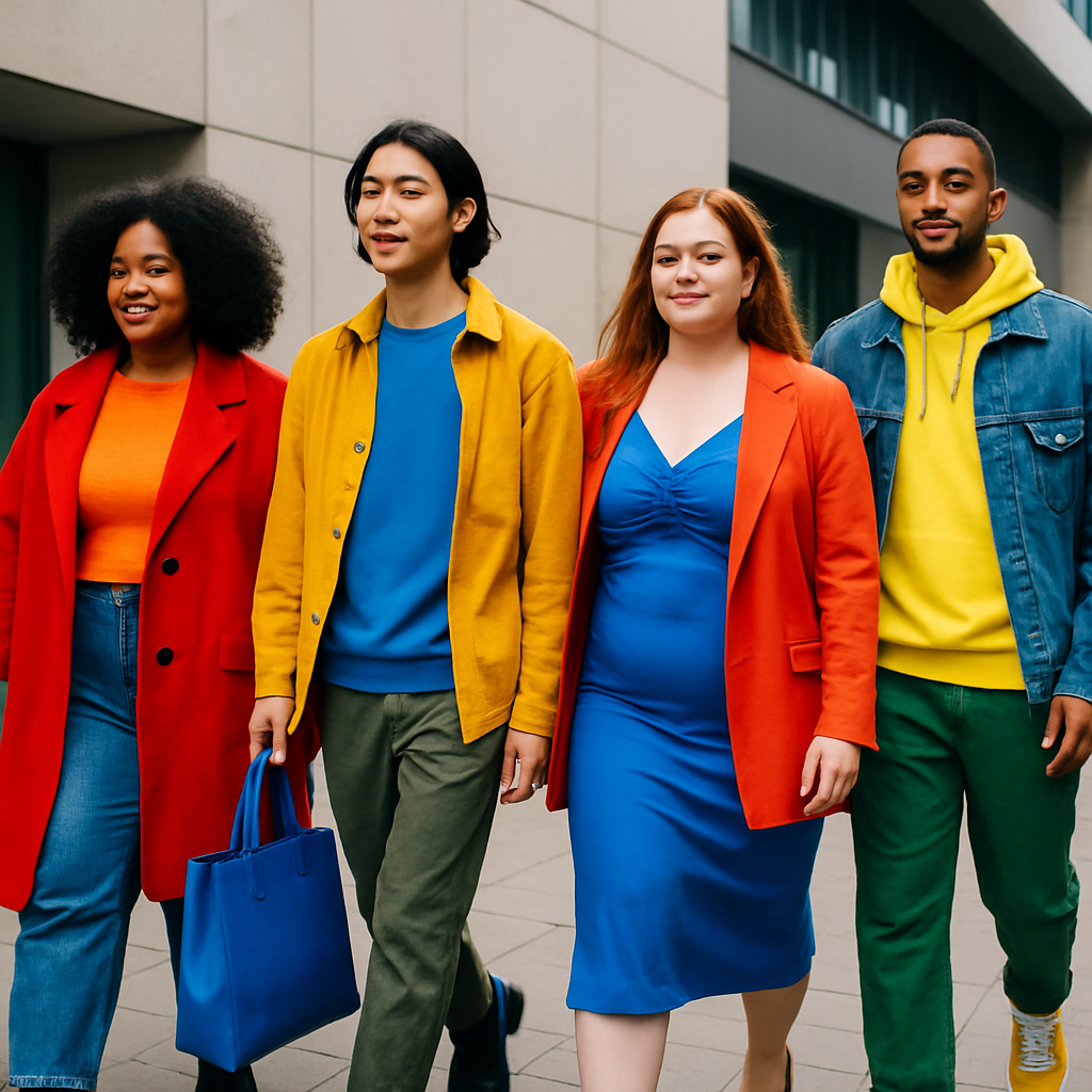 Vier jonge mensen van verschillende etniciteiten en lichaamstypes lopen zelfverzekerd op een zonnige stadstraat, gekleed in heldere, contrasterende primaire kleuren die hun unieke stijlen benadrukken, tegen een strakke, moderne stedelijke achtergrond.