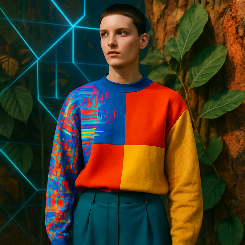 Een model draagt futuristische kleding in felle primaire kleuren en natuurlijke aardetinten. De achtergrond toont een combinatie van digitale lijnen en organische vormen, symboliserend de samensmelting van technologie en duurzaamheid in mode.