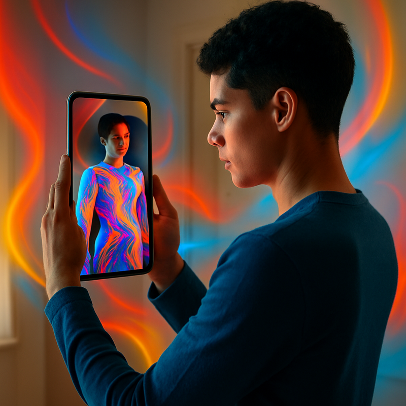 Een persoon kijkt naar een smartphone die een virtueel kledingstuk via augmented reality op hun reflectie projecteert, omringd door heldere, abstracte primaire kleuren.