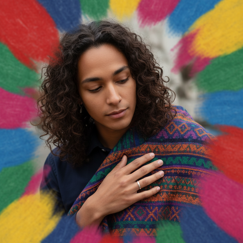 Een persoon met een aandachtige blik raakt een stof aan, omringd door zachte, kleurrijke abstracte vormen die keuzemogelijkheden en persoonlijke stijl symboliseren.