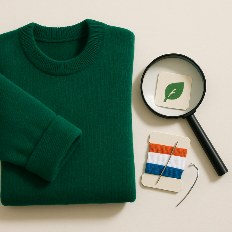 Een perfect gevouwen, hoogwaardig kledingstuk in diepblauw ligt op een lichte ondergrond. Een vergrootglas richt zich op een kledinglabel met een generiek duurzaamheidsicoon, terwijl een klein naaidoosje ernaast ligt. De compositie benadrukt kwaliteit en zorg.