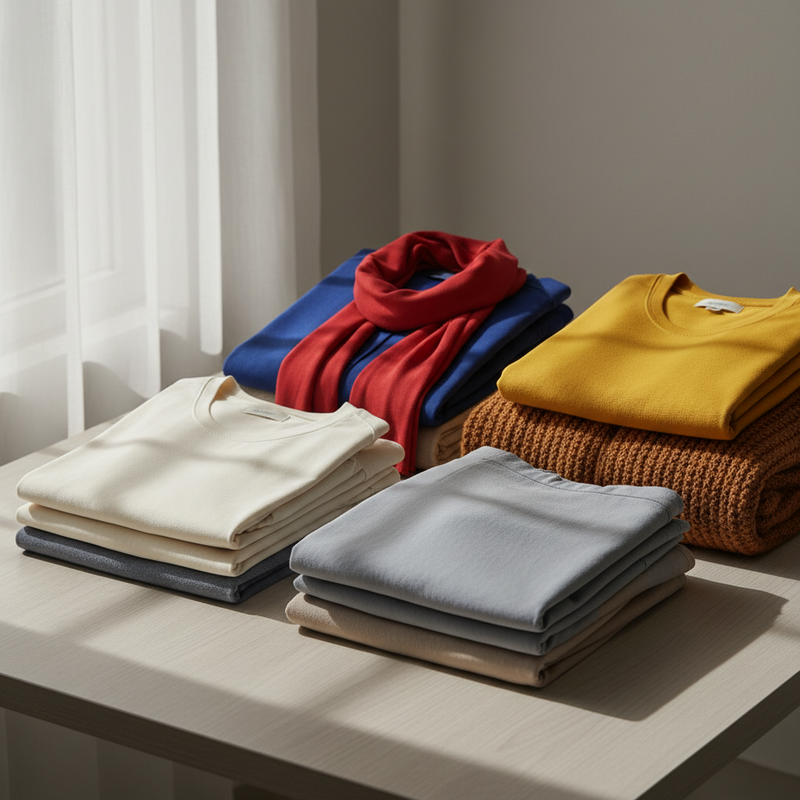 Een bovenaanzicht van diverse, netjes gevouwen kledingstukken in primaire kleuren zoals blauw, rood en geel, aangevuld met neutrale tinten zoals wit, grijs en aarde. De kledingstukken liggen geordend op een lichte achtergrond, wat een gevoel van rust en weloverwogen keuzes oproept.