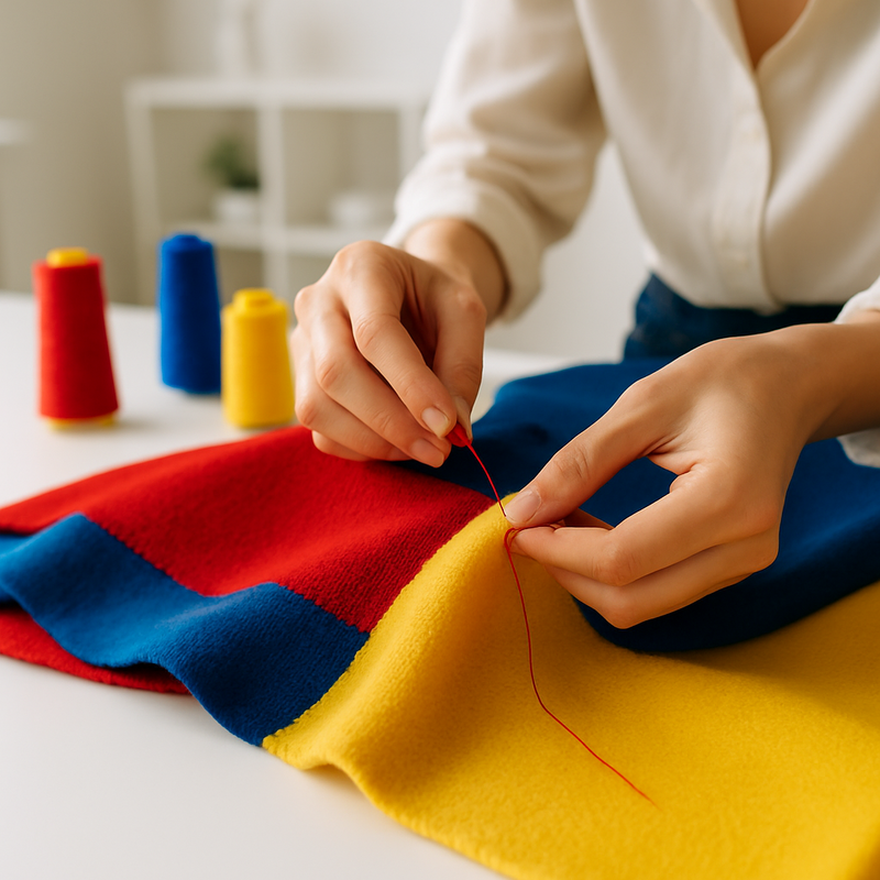 Close-up van handen van een ambachtsman of -vrouw die met precisie en toewijding een luxe kledingstuk naait in een licht atelier.