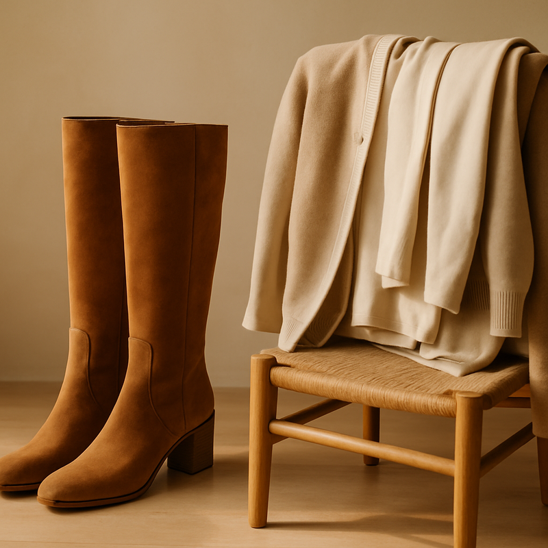 Close-up van tijdloze suede laarzen in een minimalistische mode-setting