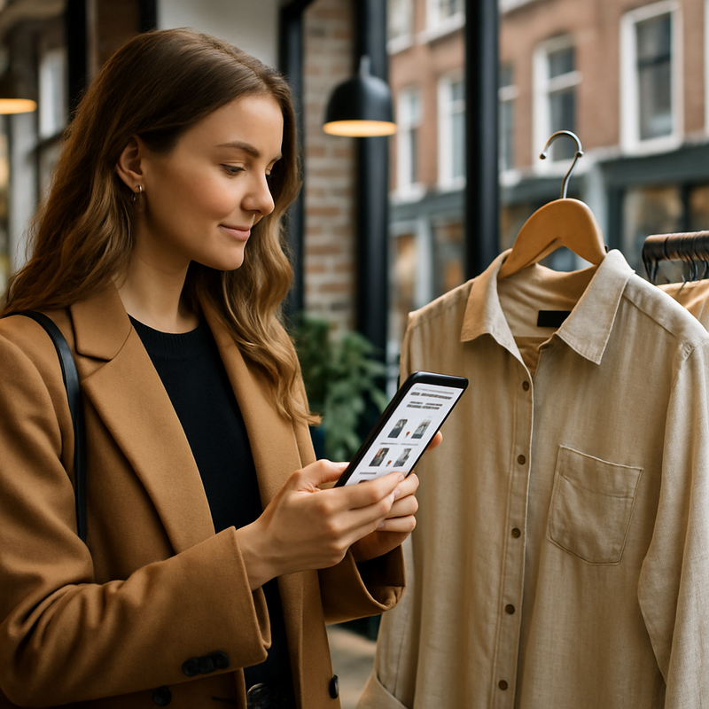 Jonge stijlvolle vrouw gebruikt mode-app om transparantie van kledingketen te checken