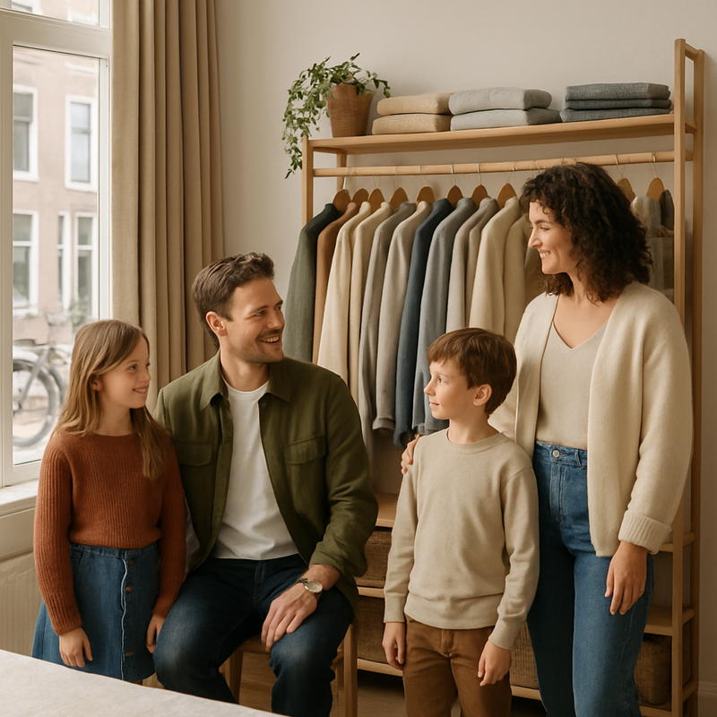 Gezin in minimalistische kamer met overzichtelijke capsule wardrobe en duurzame kleding