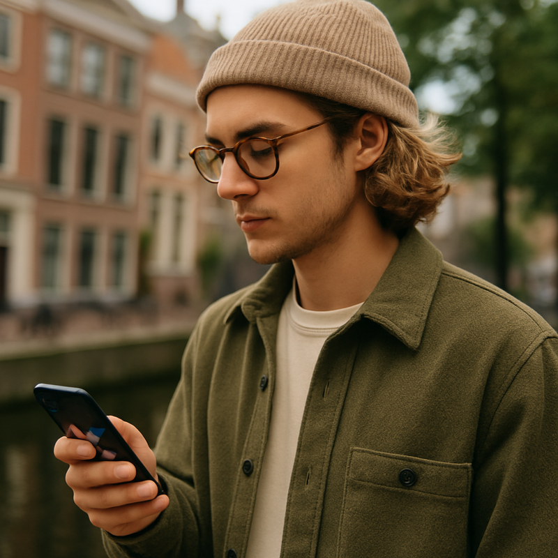 Stijlvolle jonge volwassene met duurzame kleding en smartphone in stedelijke omgeving