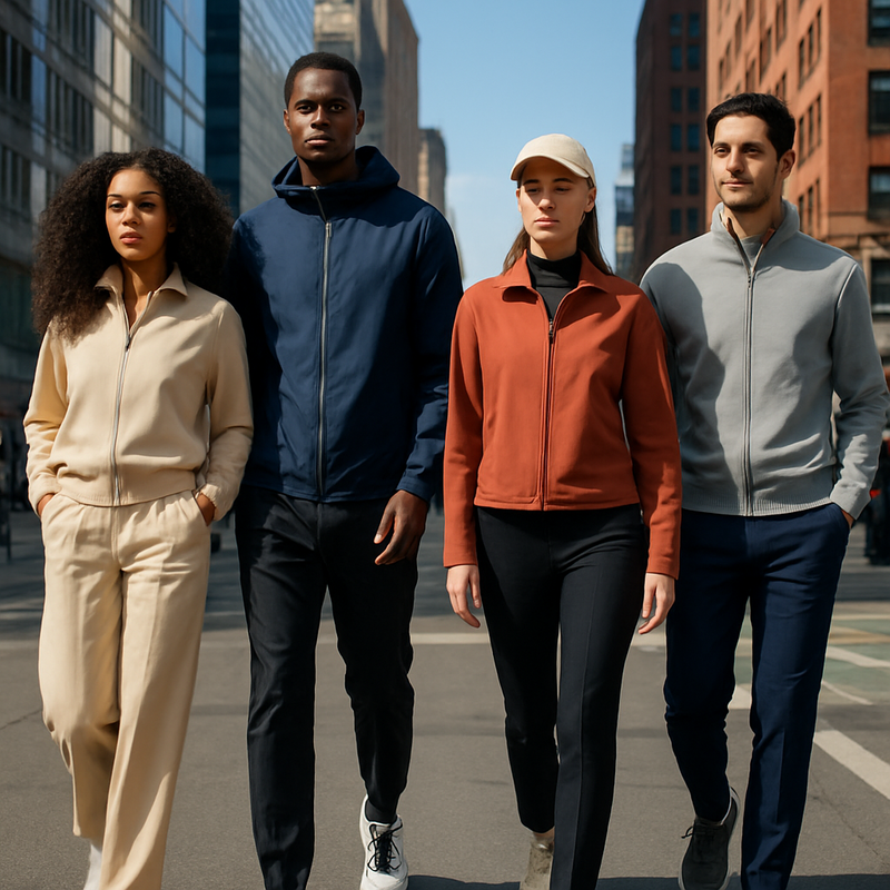 Jonge mensen dragen luxe athleisure kleding in een stedelijke omgeving met sneakers en technische jassen