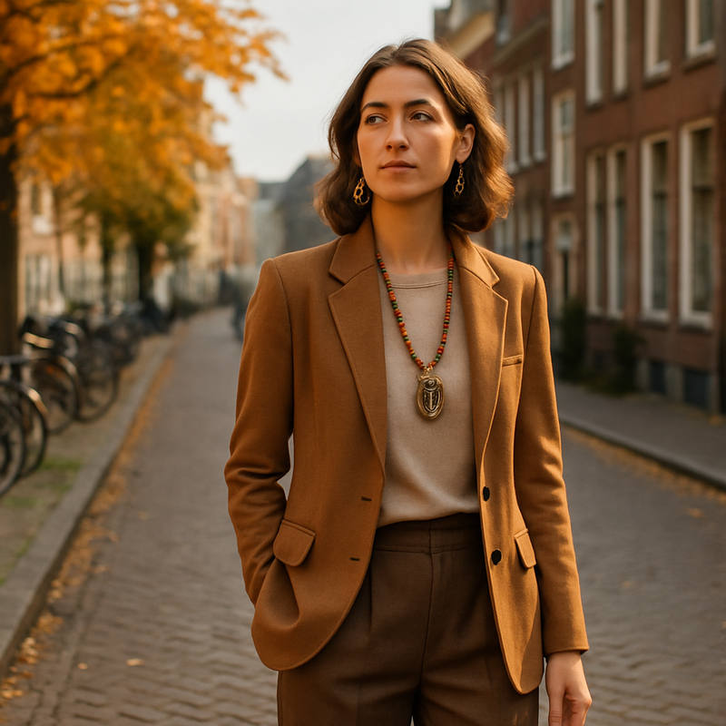 Stijlvolle vrouw met tijdloze mode en etnisch geïnspireerde sieraden in de straten van Leiden