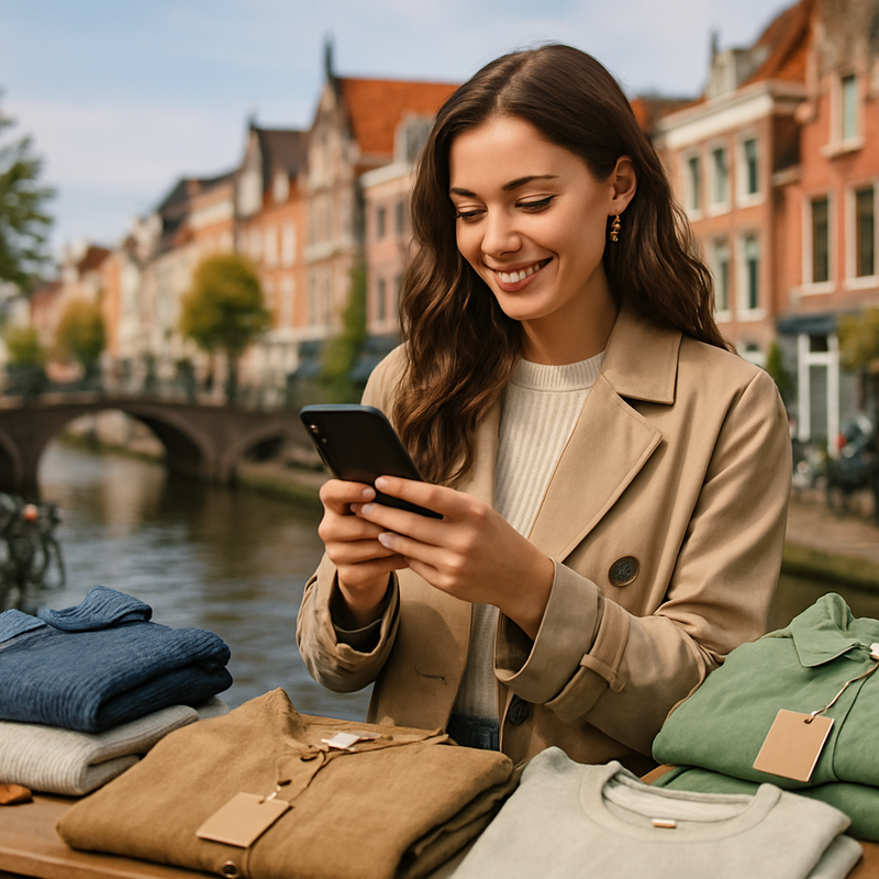 Stijlvolle vrouw met smartphone die duurzame mode bekijkt in een stedelijke omgeving