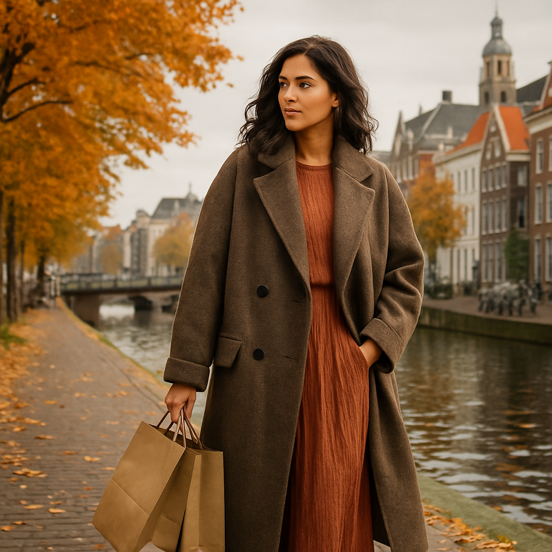 Stylish vrouw draagt oversized gerecyclede wollen jas in aardetinten, straatbeeld Leiden in herfst 2025