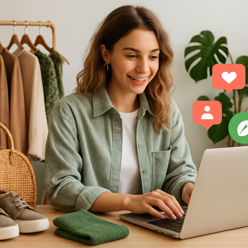 Jonge stijlvolle vrouw winkelt online duurzame mode via dropshipping met social media influencer iconen
