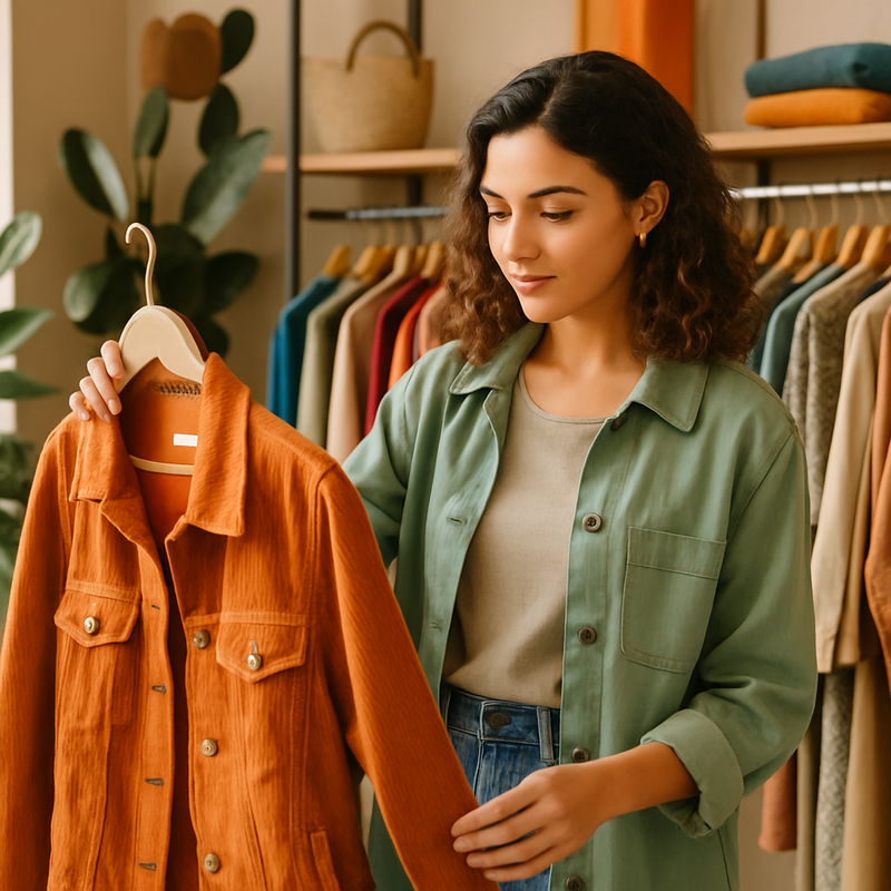 Jonge stylistische shopper koopt pre-owned duurzame kleding in een moderne, eco-vriendelijke boetiek