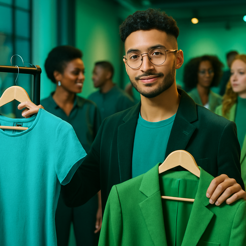 Sustainable fashion presentation by emerging designers at a design fair with teal and green glow colors