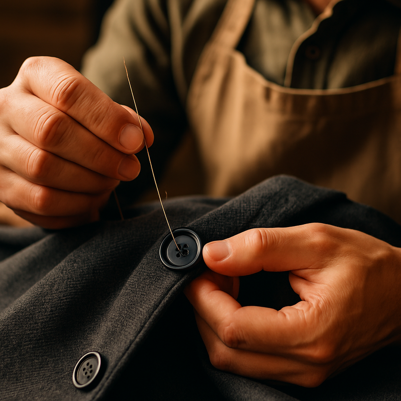 Hand van naaister die een knoop stevig vastzet op een jasje