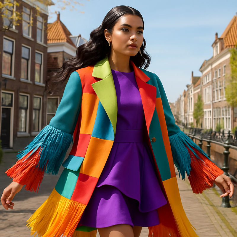 Stijlvolle jonge volwassene met franjes en kleurrijke outfit in een zonnige straat van Leiden, lente 2026