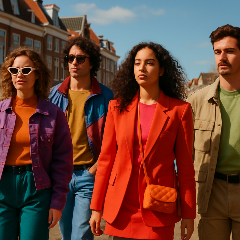 Jonge mensen in kleurrijke en functionele mode-outfits in straten van Leiden