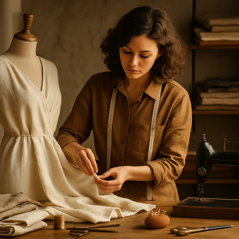 Modeontwerper werkt ambachtelijk aan kledingstuk in studio met natuurlijke materialen