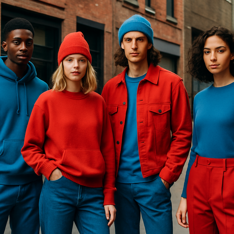 Jonge mensen dragen stijlvolle Swim Cap blauwe en rode kleding in stedelijke omgeving