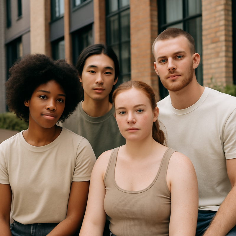 Diverse jonge mensen met natuurlijke uitstraling en minimalistische make-up in een stedelijke omgeving