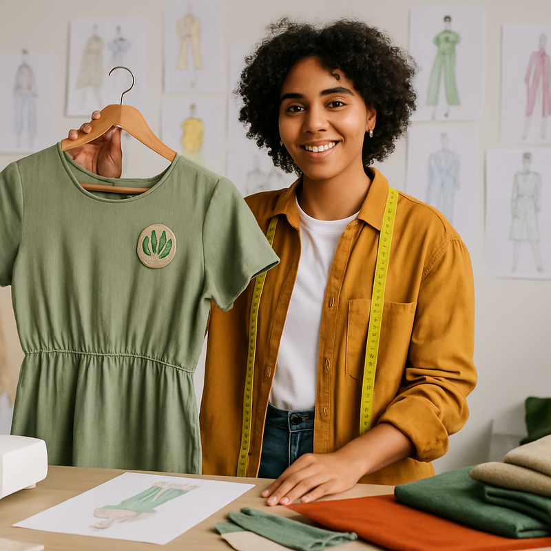 Jonge modeontwerper toont duurzame en inclusieve kleding in een creatieve werkruimte