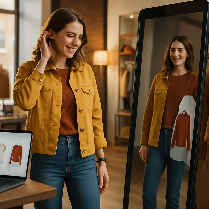 Jonge vrouw gebruikt virtual try-on spiegel in een moderne modewinkel, met laptop en shopping bags