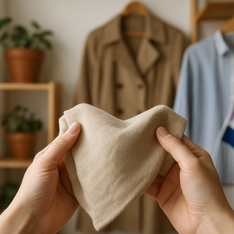 Handen die milieuvriendelijke textielstof vasthouden met Nederlandse mode accessoires op de achtergrond