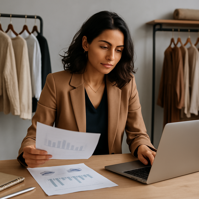 Vrouwelijke mode-ondernemer bekijkt financiële documenten in haar studio