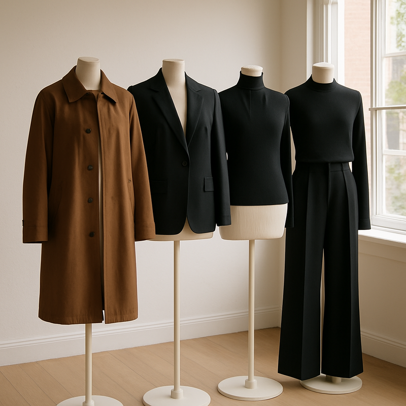 Winkeldisplay met minimalistische kledingstukken zoals bruine jas, zwarte blazer, coltrui en wijde pantalon in een boutique in Leiden