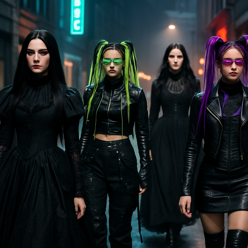 Model in zwart gothic geïnspireerde kleding met neon accenten op een modeshow