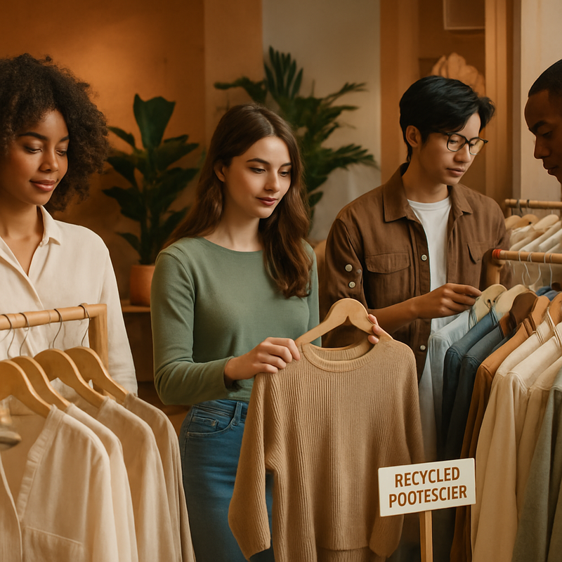 Diverse jonge volwassenen bekijken duurzame kleding in een modewinkel met natuurlijke stoffen
