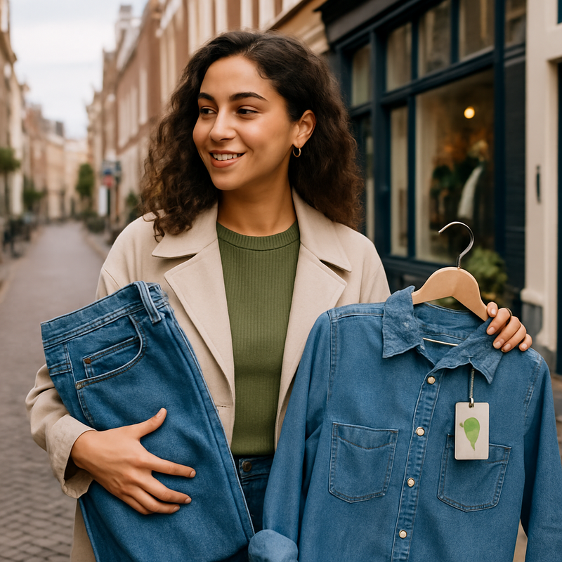 Jonge modebewuste vrouw koopt duurzame denim kleding in trendy straat in Leiden