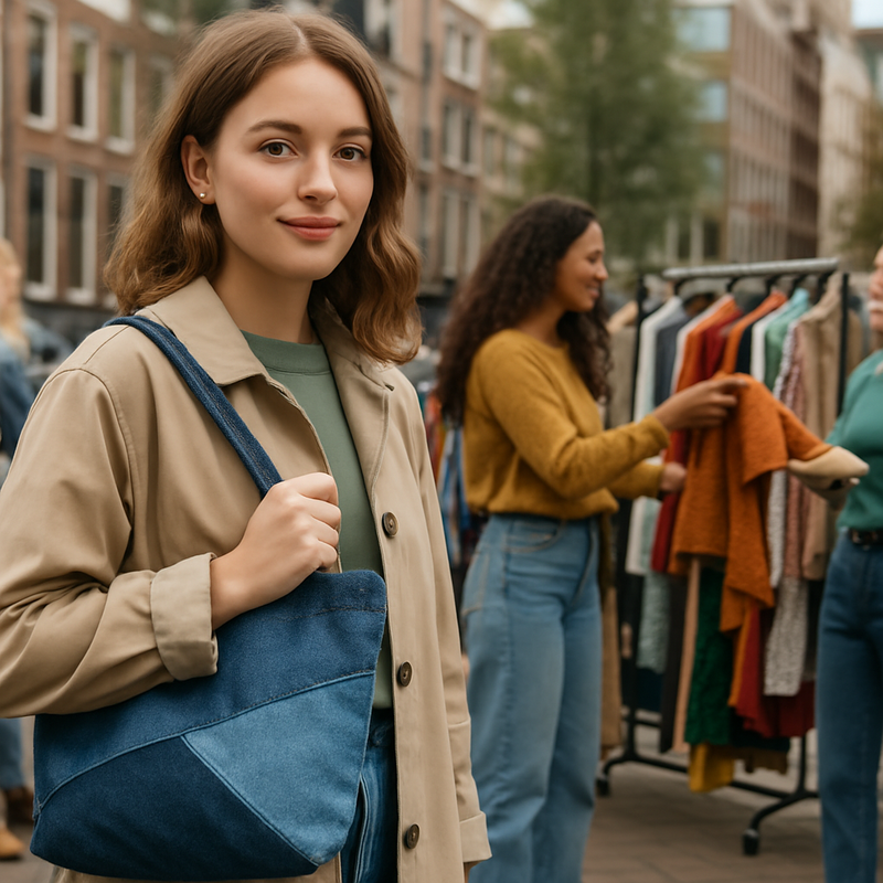 Jonge vrouw met upcycled denim tas bij een kledingruil evenement