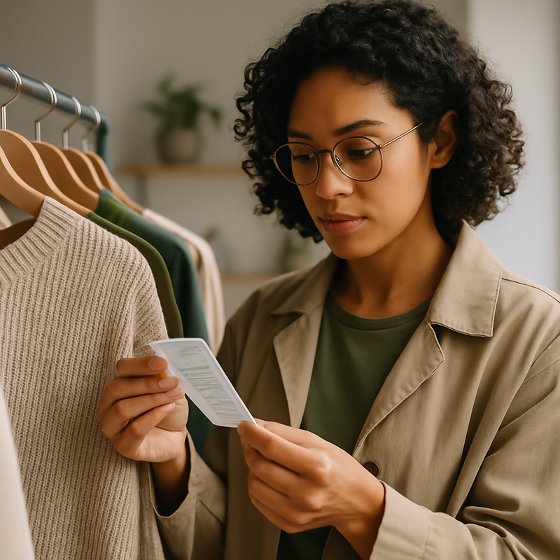Jonge consument onderzoekt kledinglabel met duurzame informatie in een winkel.