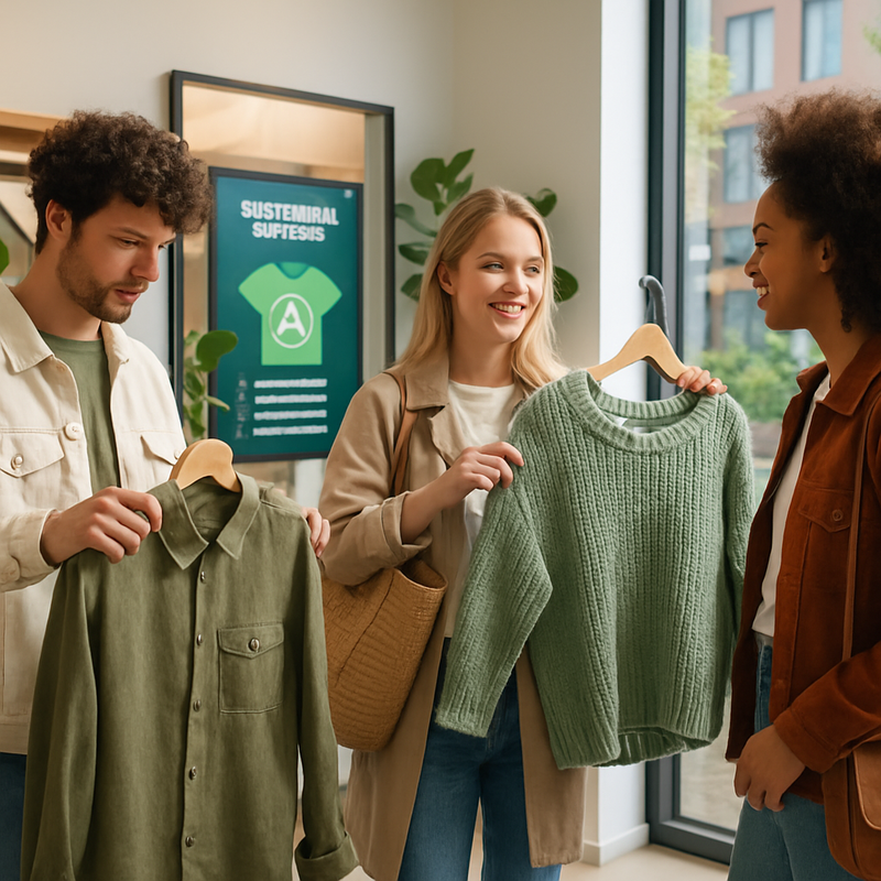 Jonge stijlvolle shoppers bekijken duurzame kleding in een moderne winkel met eco-labels.