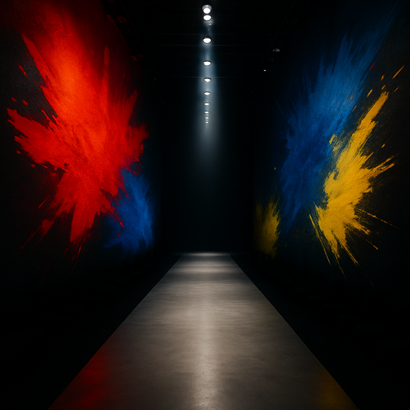 Een artistieke foto van een lange, lege catwalk die zich uitstrekt, omringd door dynamische, abstracte kleuraccenten in rood, blauw en geel. De sterke contrasten en lichteffecten symboliseren de innovatie en energie van modeweken.